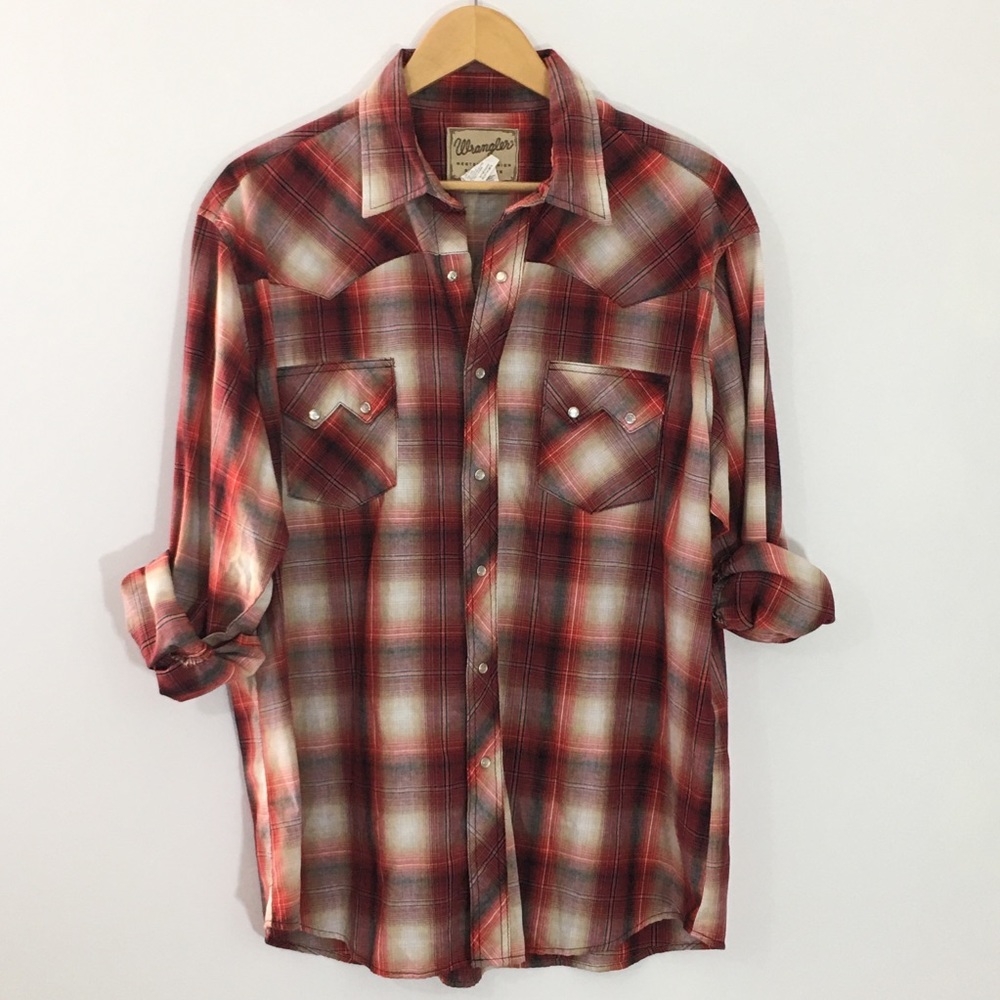 VTG Wrangler Western Red Plaid Shirt Pearl Snaps MENS XLarge